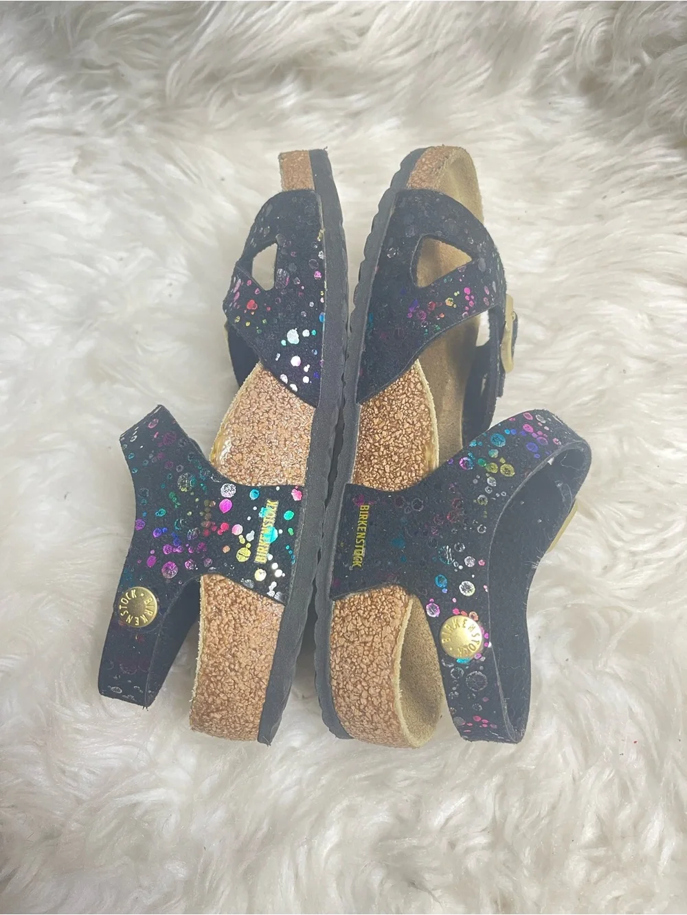 Birkenstock Rio Girls Black Glitter confetti Buckle Sandals USSZ12
